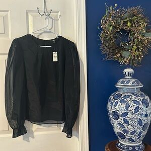 NWT Women’s Express Black Gathered Neck Puff Sheer Long Sleeve Pullover Blouse